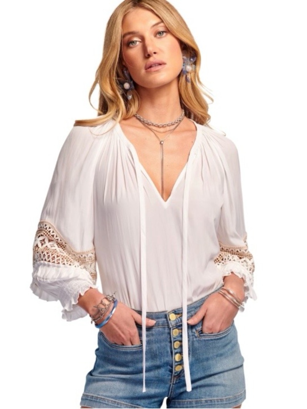 Ramy Brook Embellished Randi Puff Sleeve V-Neck Front Tie Blouse In Ivory Size L